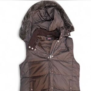 Women's Brown Puffer Vest with Faux Fur Trim